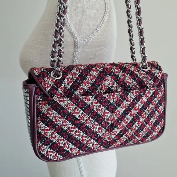 Karl Lagerfeld Agyness Tweed Crossbody Flap NWOT Convertible Wine Navy Luxury - Picture 4 of 16